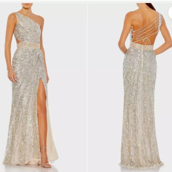 MAC DUGGAL 5687 ONE SHOULDER SEQUIN BEADED LACE-UP BACK NUDE SILVER GOWN sz 6 - Picture 1 of 5